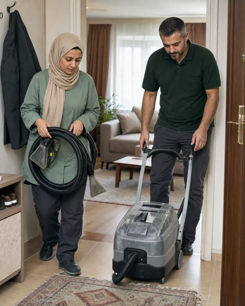 Temizlik ekipmanıyla eve birlikte gelen aile ekibi
